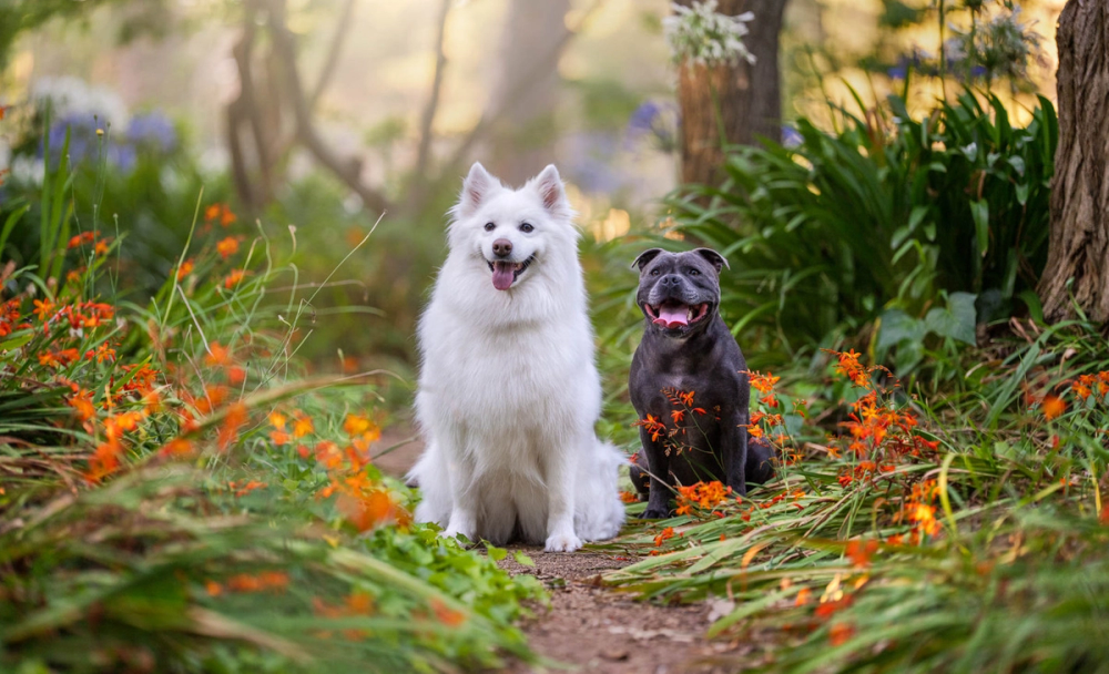 Two dogs sitting on a forest path surrounded by green foliage and orange flowers.