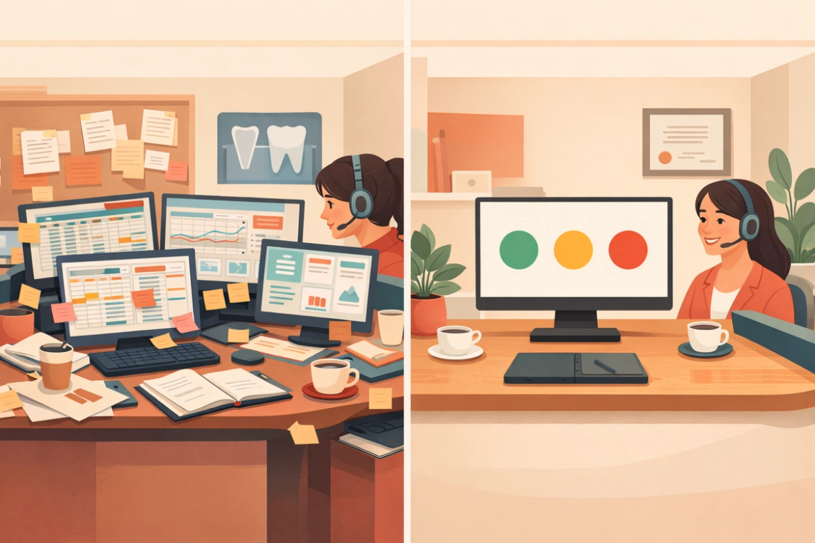 Illustration showing a dental practice desk transforming from cluttered screens of raw data into a single, clean dashboard with simple health indicators.