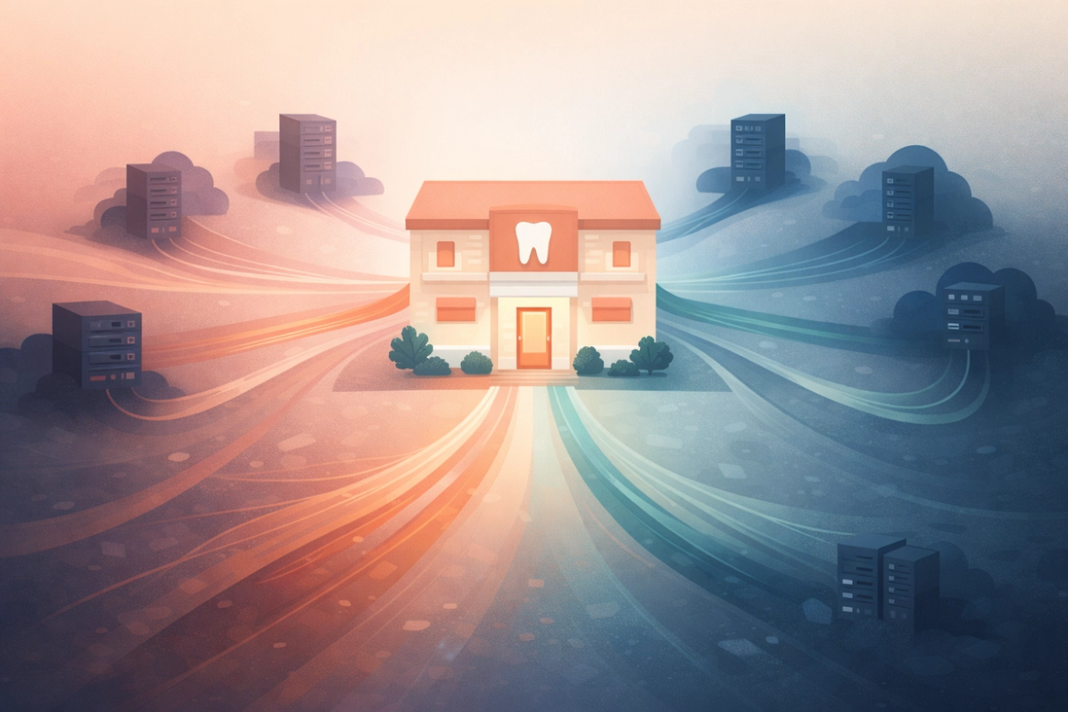 Illustration of a dental practice with multiple data streams flowing outward to various vendor systems, representing fragmented and uncontrolled data access