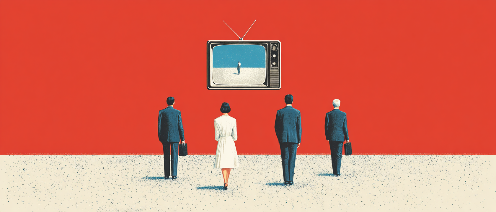 Four figures face away, watching a retro TV on a red wall that shows a lone person in a minimalist landscape.