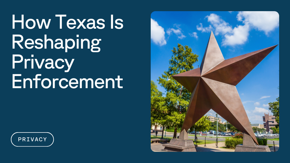 A large, metallic star sculpture set against a clear blue sky with trees and buildings in the background, accompanied by the text "How Texas Is Reshaping Privacy Enforcement" and a button labeled "Privacy."