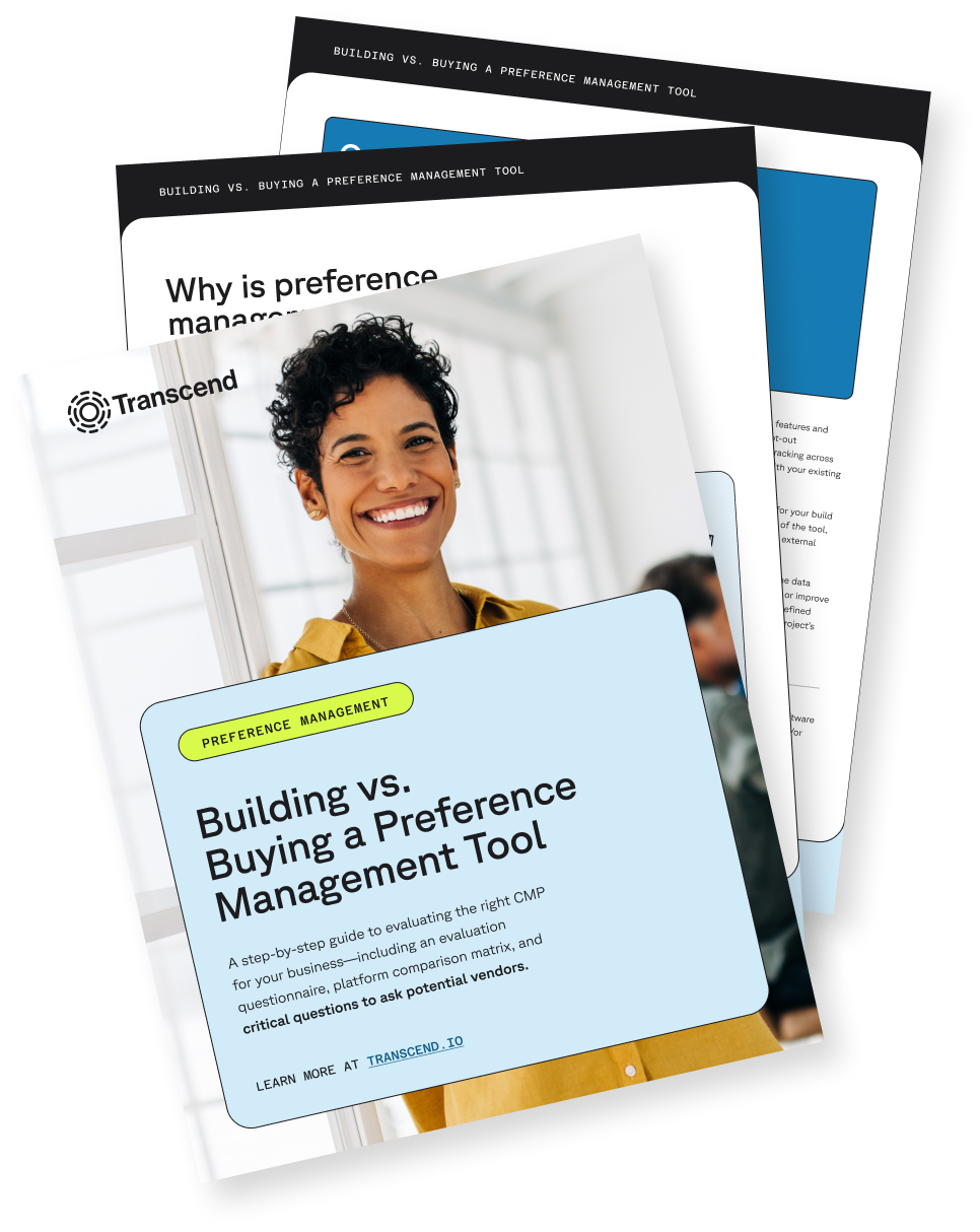 Papers stacked in a pamphlet format that read "Building vs buying a preference management tool"