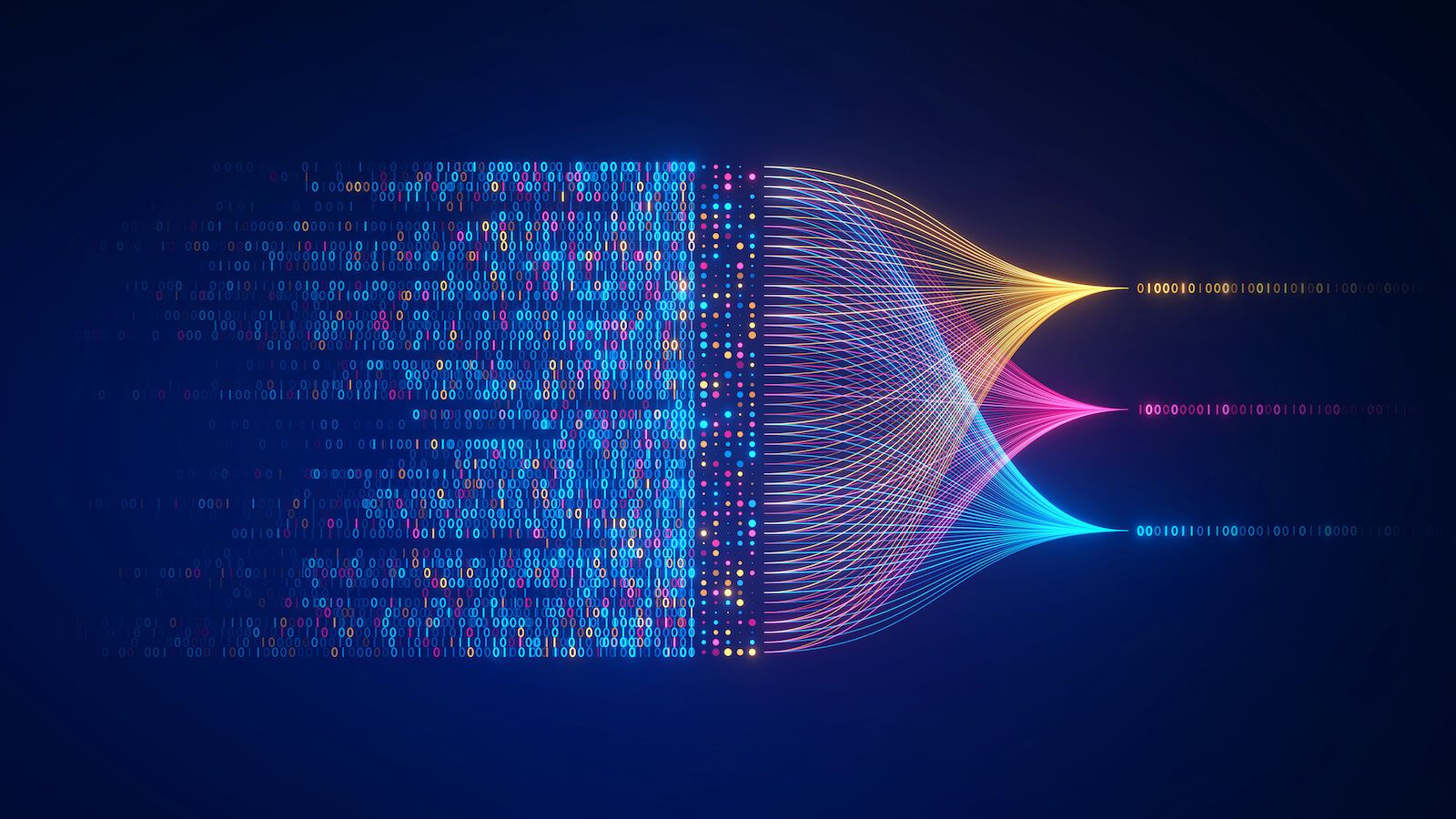 Graphic representation of mix of color computer code being broken into individual color sections