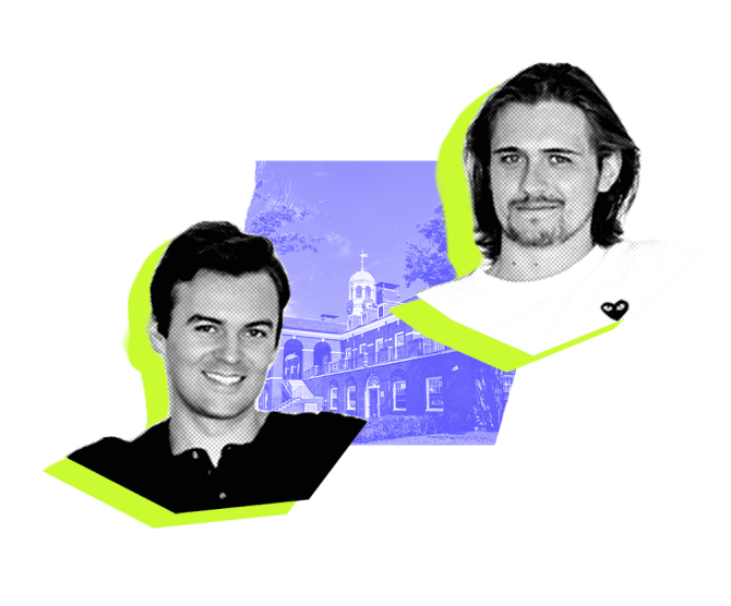 Headshots of Ben Brook and Mike Farrell in a stylized graphic format in front of a state building
