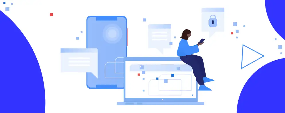 Graphic of woman sitting on larger than life laptop with floating pop ups and phone in the background surrounded by other blue elements