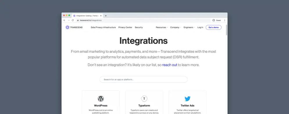 View of the transcend website showing the integrations page