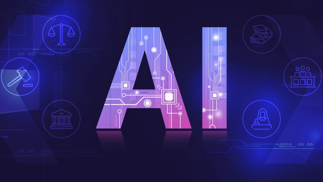 Large letters "AI" with a digital circuit design, glowing in gradient shades of purple, blue, and pink on a dark background. Surrounding the letters are faint icons representing justice and law, including scales, a gavel, a courthouse, and people at a desk, suggesting the intersection of artificial intelligence and the legal system.