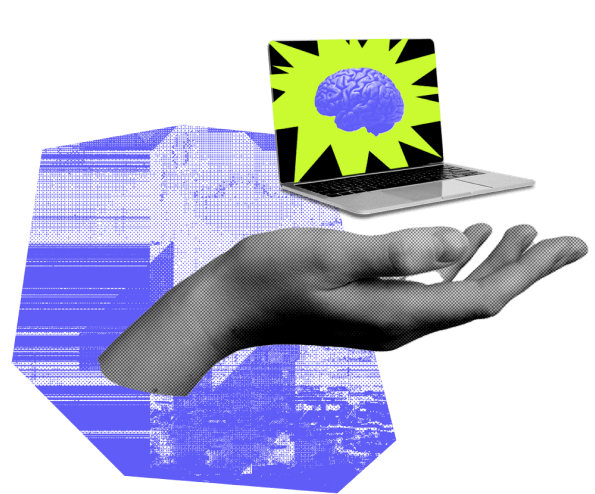 A bold design of a hand with a floating laptop with a brain pictured on it