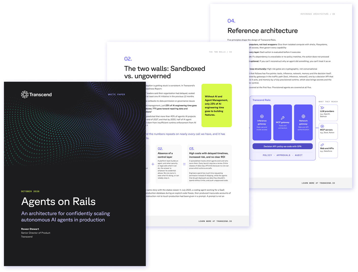 Three stacked white papers from Transcend, the front one titled 'Agents on Rails: An architecture for confidently scaling autonomous AI agents in production.'