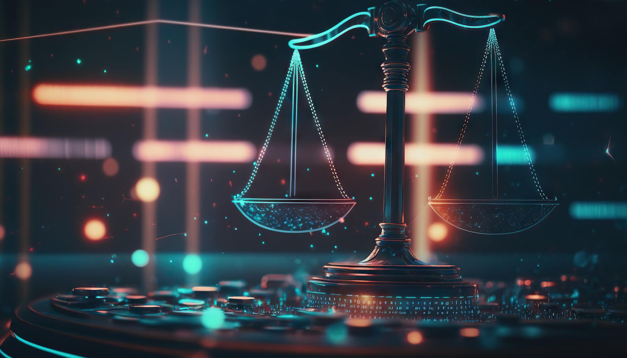 Rendering of scale of justice with cyber tech style overlays