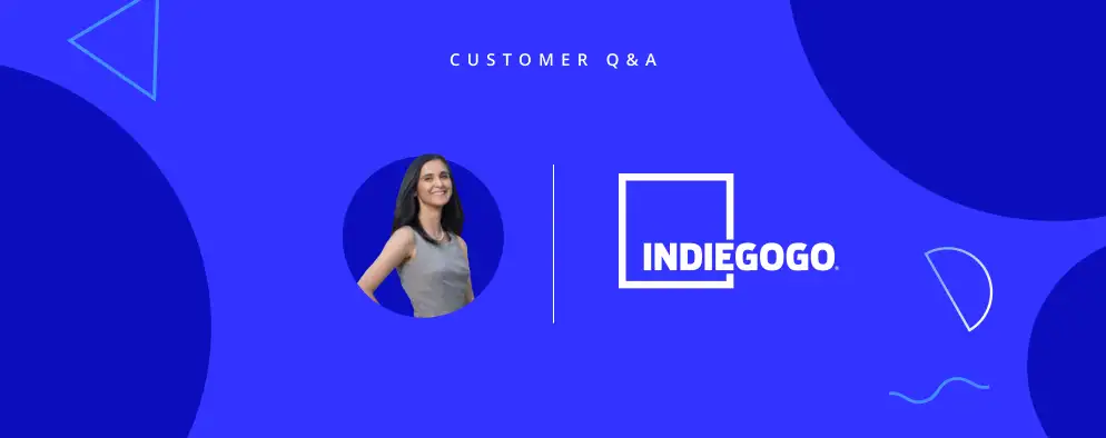Professional headshot next to an indiegogo logo and text reading customer q and on blue graphical background