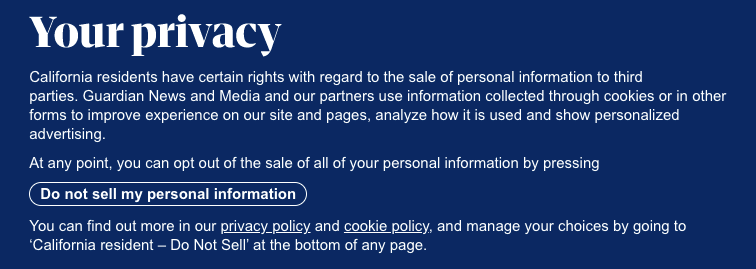 Text block titled your privacy with information about California residents rights to privacy