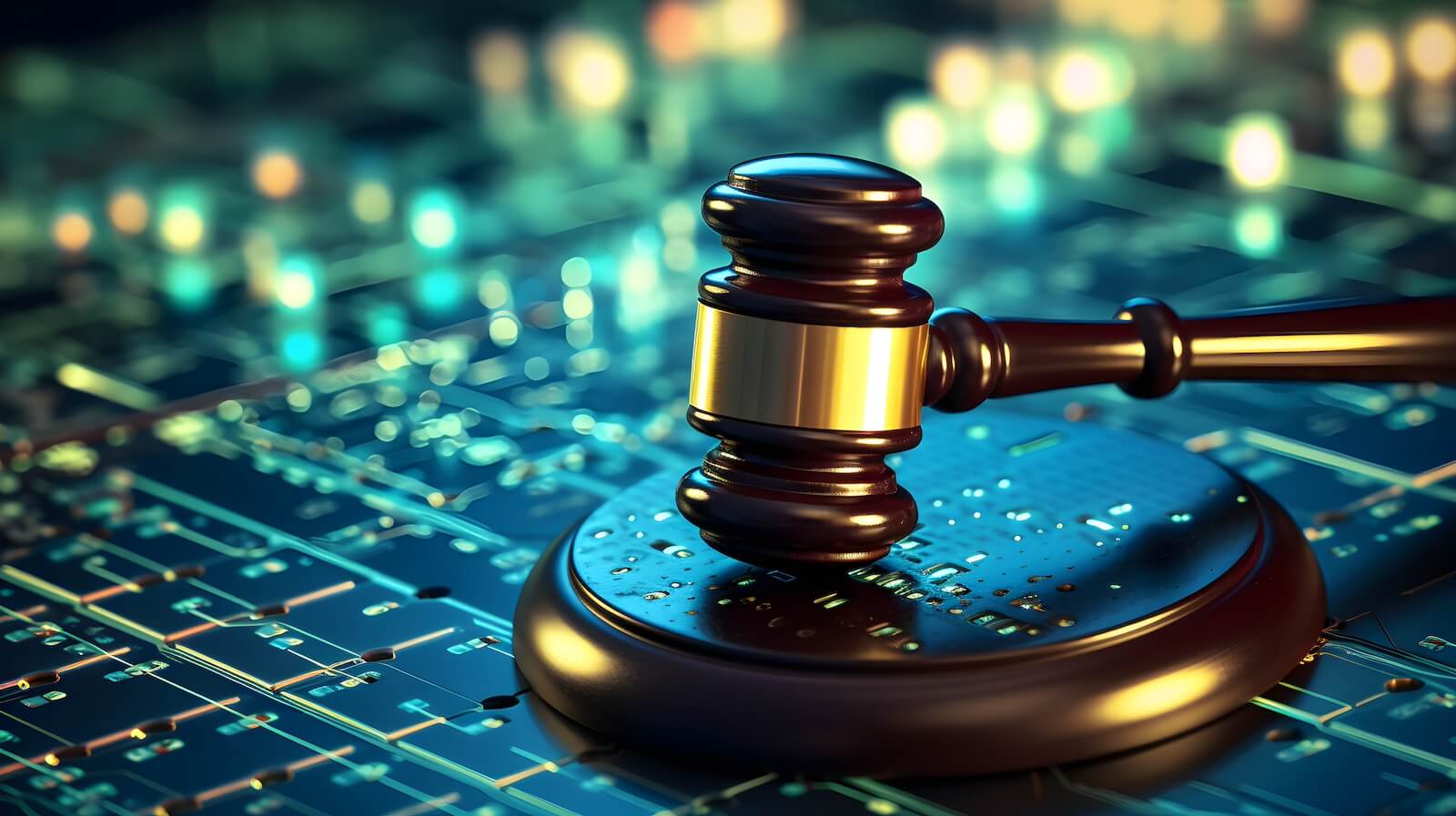 Closeup of judges gavel atop computer interface
