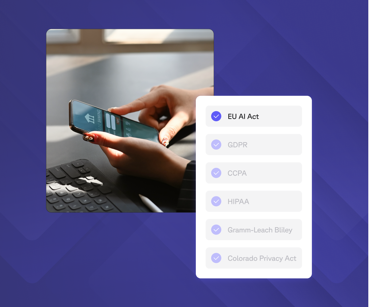 A person uses a smartphone with a banking app, displayed next to a list of data privacy and AI regulations.