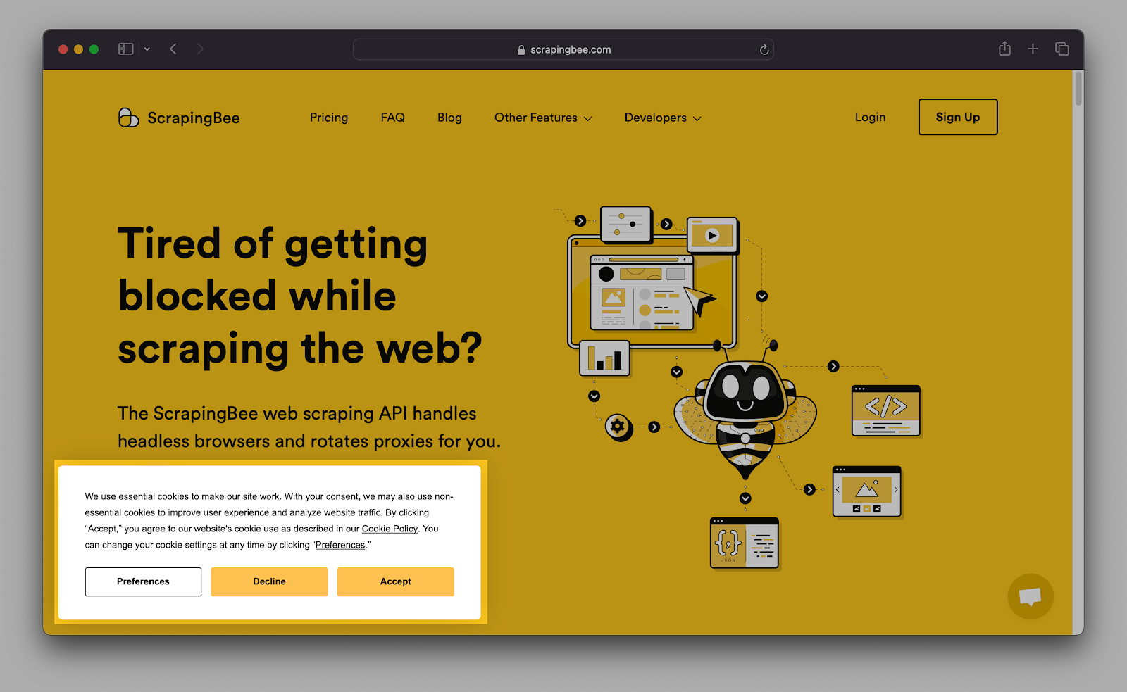 A webpage with a yellow background shows a text header about web scraping and blocking issues. The page features cartoon-style graphics, including a bee with sunglasses, and a cookie consent popup with options for preferences, decline, and accept.