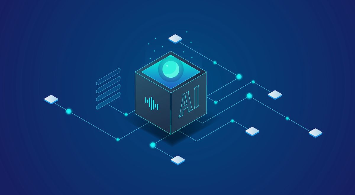 Rendering of cube with AI written on it with various connections on blue background
