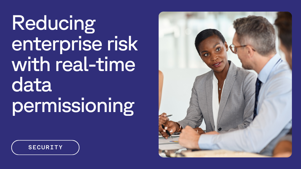 Text that reads "Reducing enterprise risk with real-time data permission" next to an image of two cybersecurity professionals