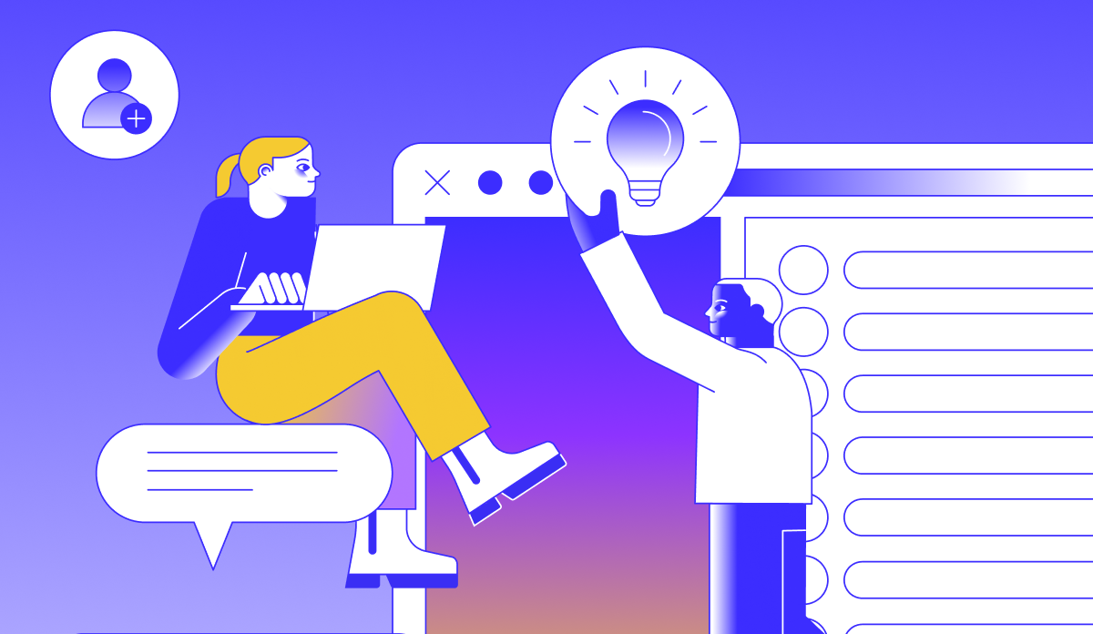 Bold graphic design showing person holding lightbulb design in front of person on laptop surrounded by computer related icons and designs