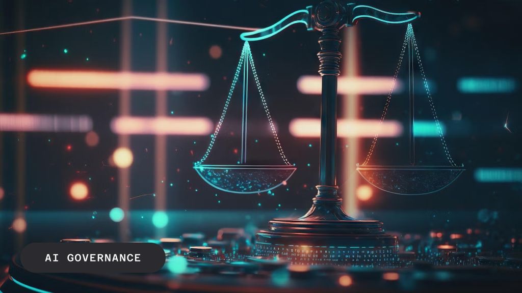 Digital scales of justice on a glowing circuit board background with "AI GOVERNANCE" text.