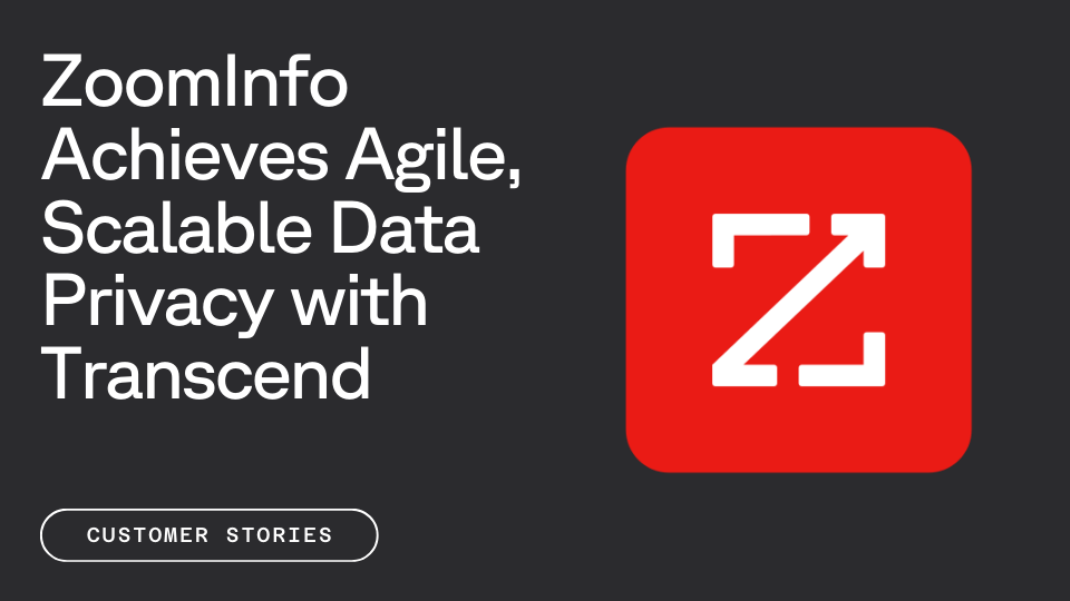 Text that reads "ZoomInfo Achieves Agile, Scalable Data Privacy with Transcend" next to a ZoomInfo logo