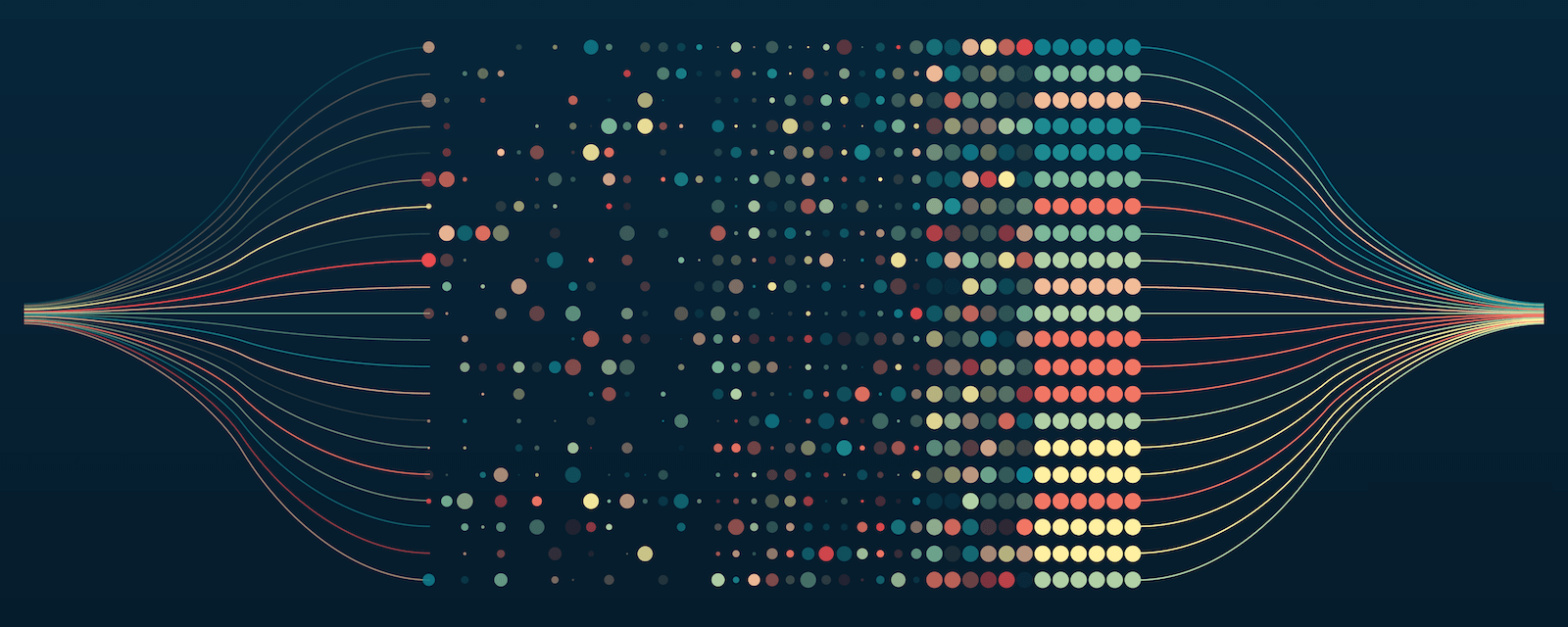 Flow of colored dots being arranged into single strands in a visual representation of data mapping