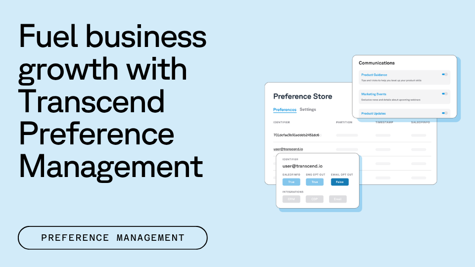 Text promoting Transcend Preference Management as a tool for business growth, with interface examples showing communication and preference settings.