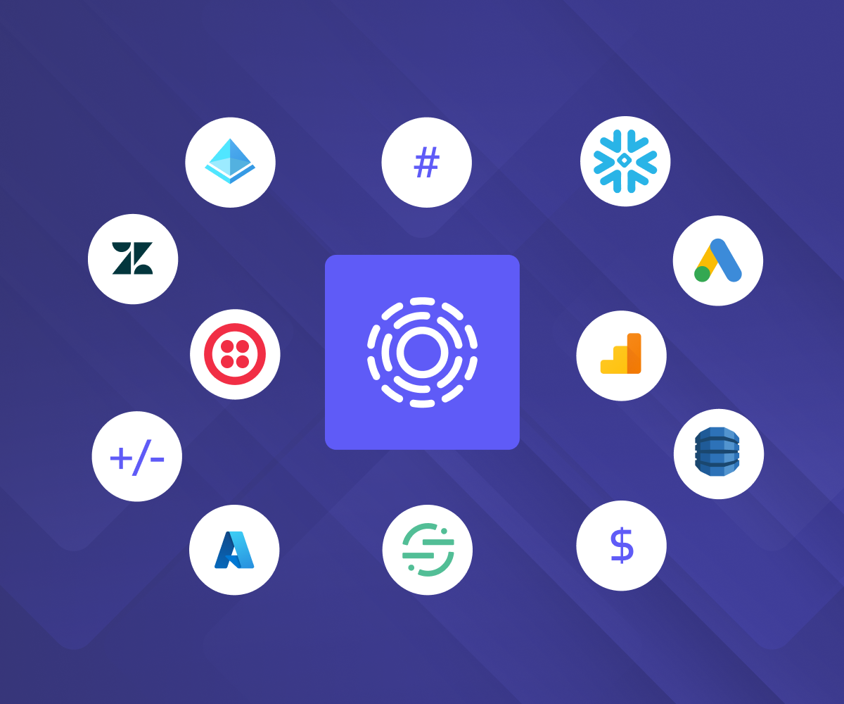 A central icon symbolizing a data platform is surrounded by twelve other application logos, including Snowflake, Google Ads, Google Analytics, and Hevo Data, representing various data integration and business tools.