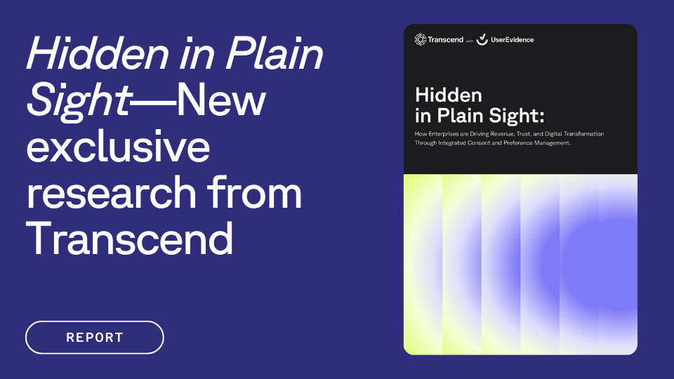 Text reads "Hidden in Plain Sight—New exclusive research from Transcend" on a blue background. To the right, an abstract cover with similar text and a blurred gradient pattern.