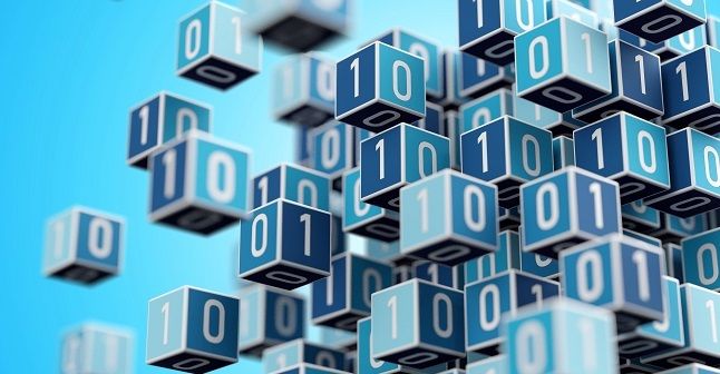Rendering of bunch of blocks with 0 and 1 on them, implying data classification