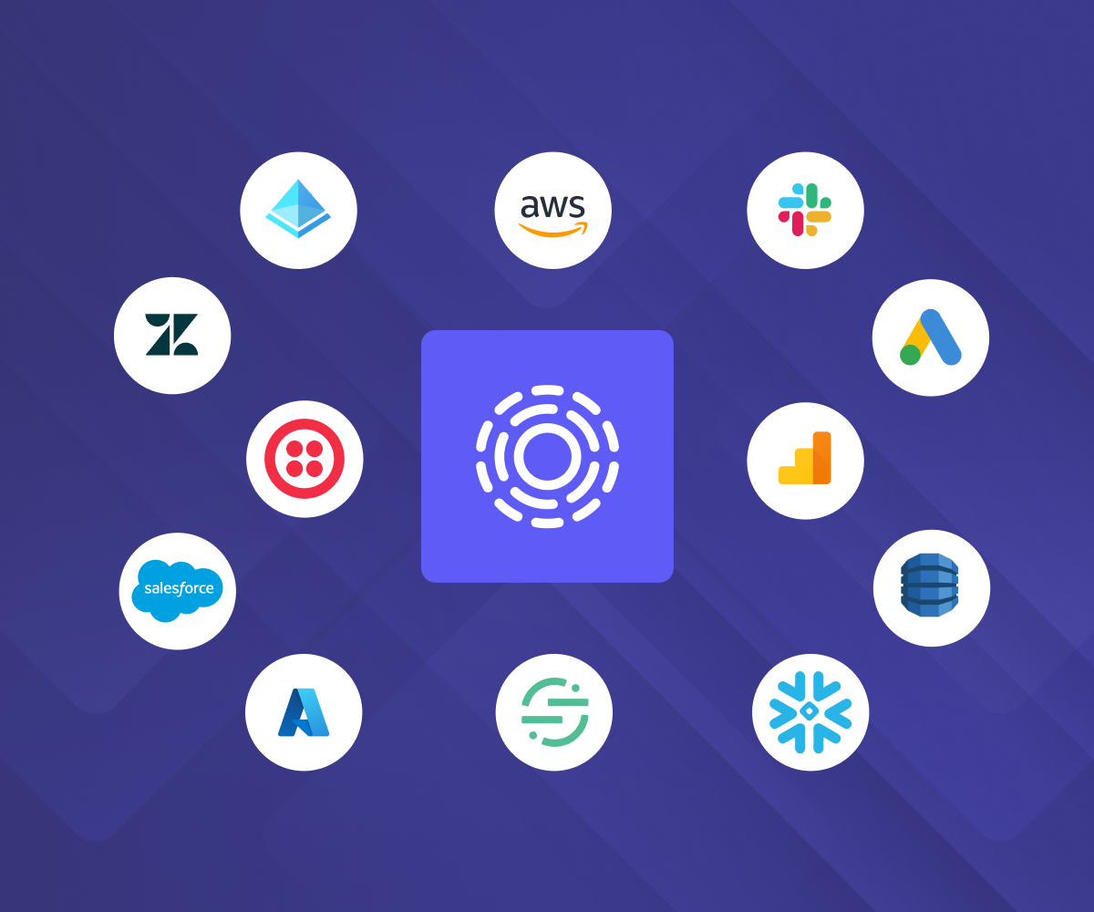 A central purple and white logo surrounded by twelve logos of popular business applications and data services including AWS, Salesforce, and Slack, symbolizing integration.