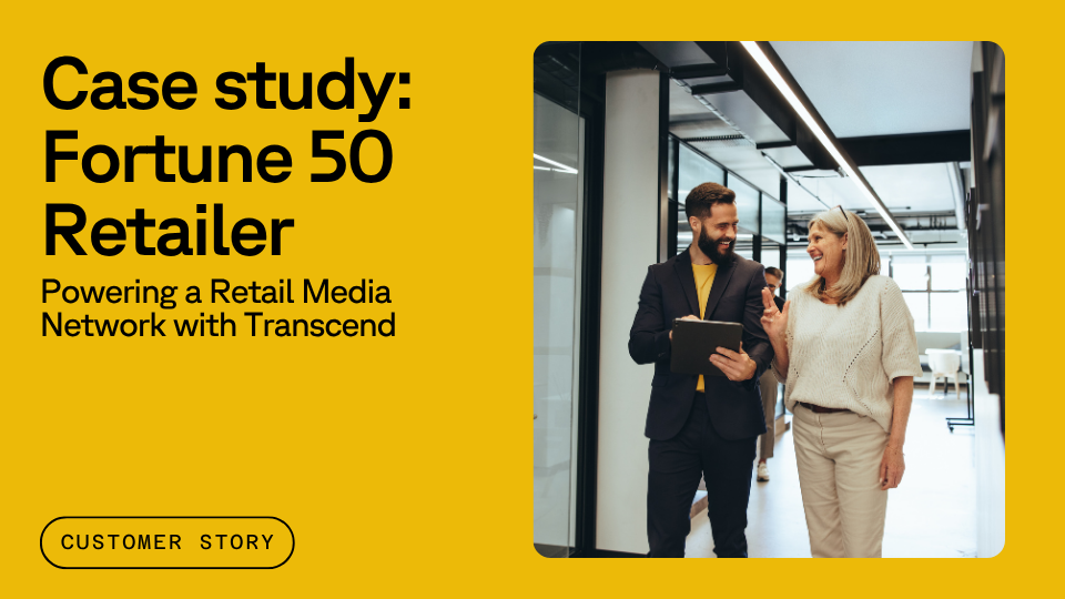 A man and a woman walk down a hallway discussing something on a tablet; the background highlights a case study for a Fortune 50 retailer focusing on retail media networks.
