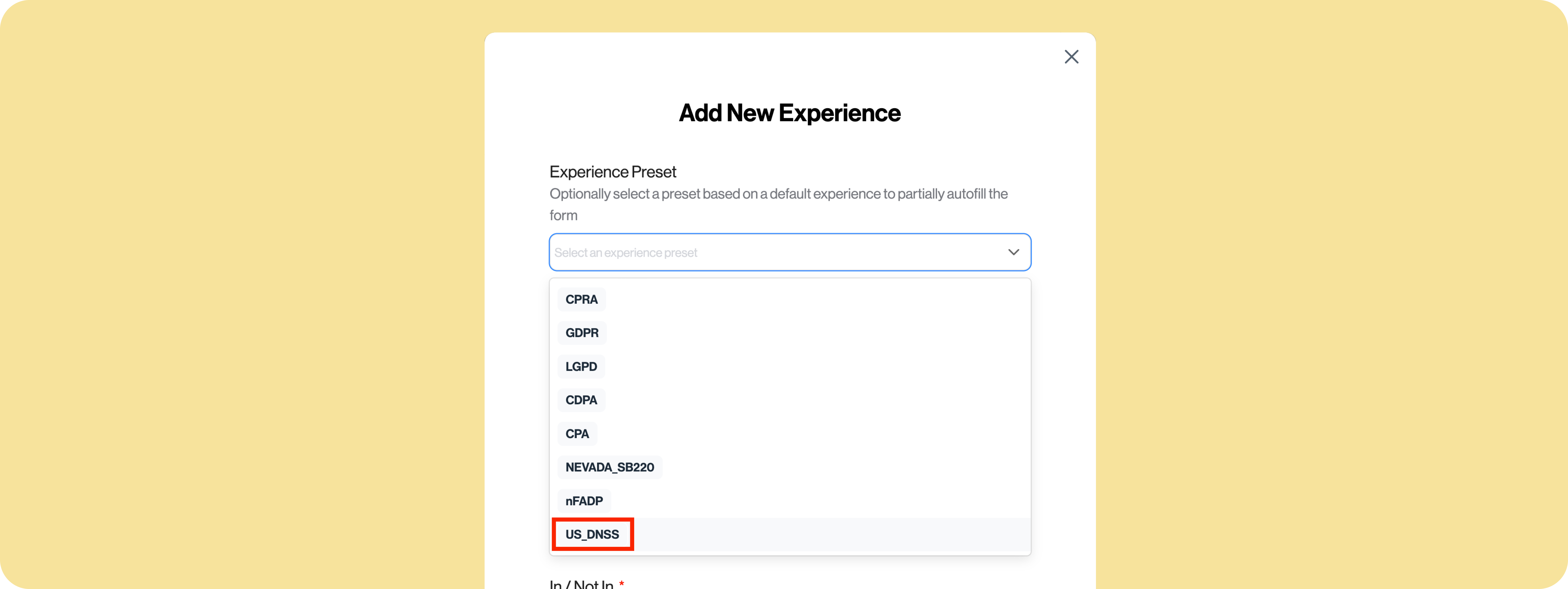 Screenshot of the 'Add New Experience' screen from a Transcend product, showing a dropdown menu with various experience presets.