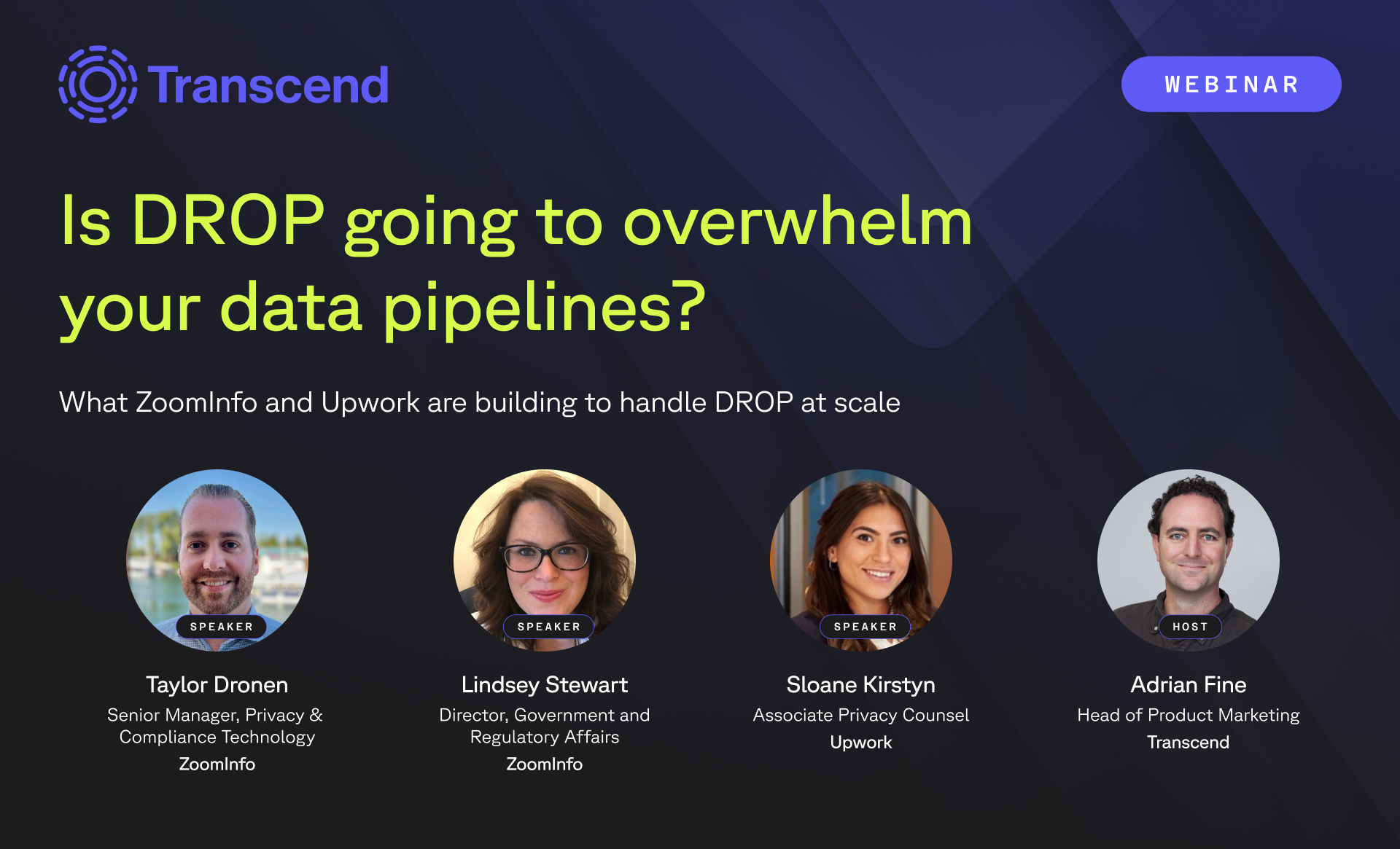 Transcend webinar slide titled "Is DROP going to overwhelm your data pipelines?", featuring speakers from ZoomInfo, Upwork, and Transcend.