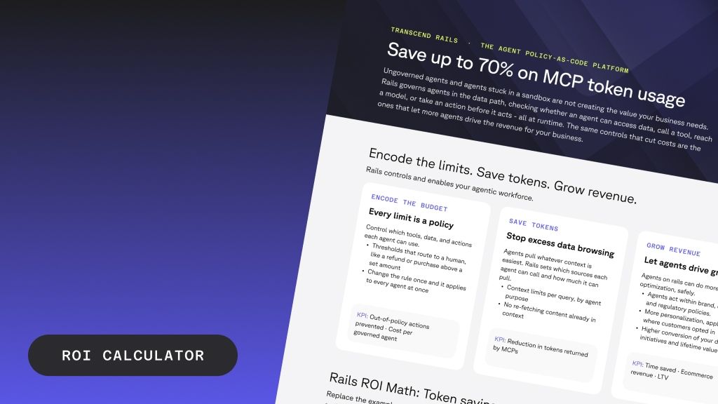 A banner for Transcend Rails promoting "Save up to 70% on MCP token usage" with an "ROI CALCULATOR" button.