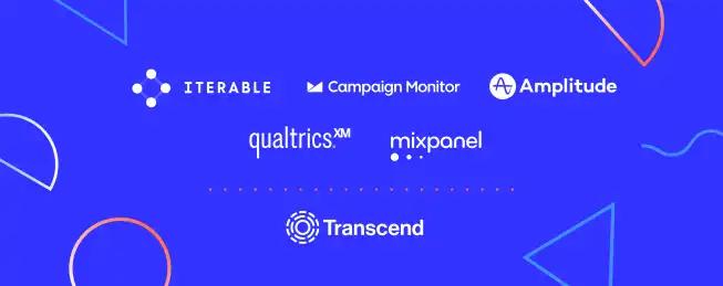 Tech logos including iterable campaign monitor amplitude qualtrics mixpanel stacked above transcend on blue background