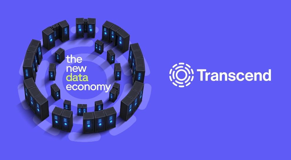 Server racks in concentric circles around "the new data economy" text, with the Transcend logo and name.