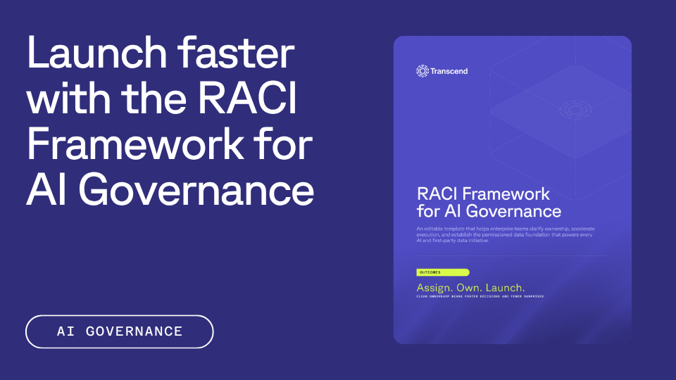 Text promoting the RACI Framework for AI Governance, with a digital document cover for the framework from Transcend.