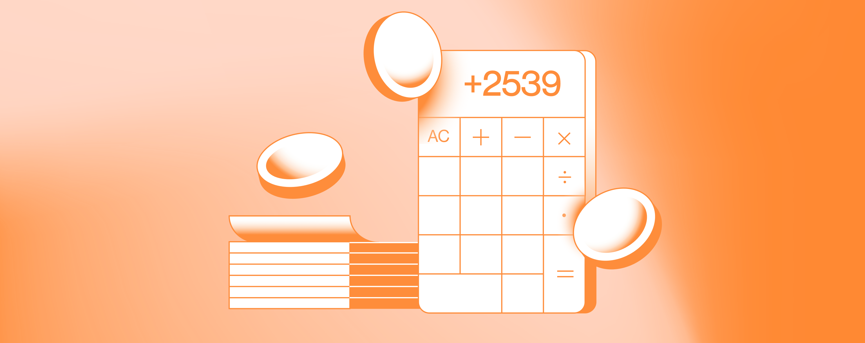 An orange and white stylized graphic showing calculator and coins