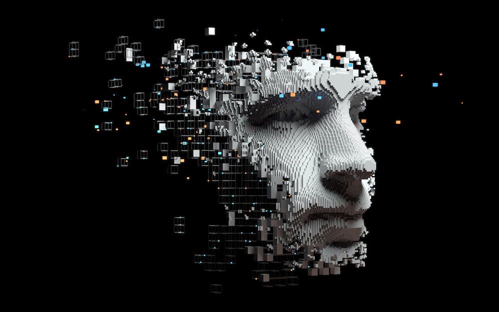 Stylized pixel image of a 3D human face that suggest an AI