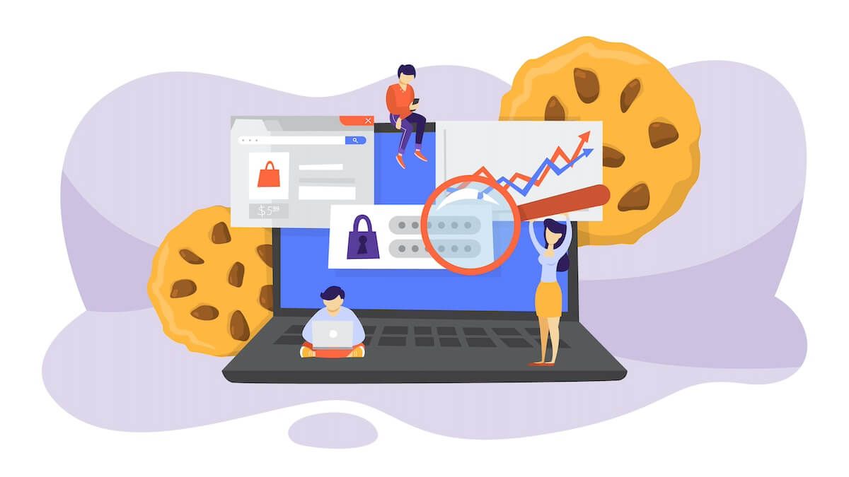 Graphic design with several people sitting and standing on larger than life laptop with floating pop up windows and giant cookies
