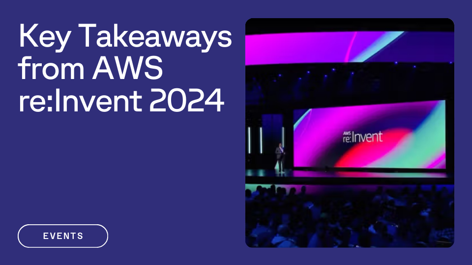 A speaker presents on stage at AWS re:Invent 2024, with a large colorful screen displaying the event name.