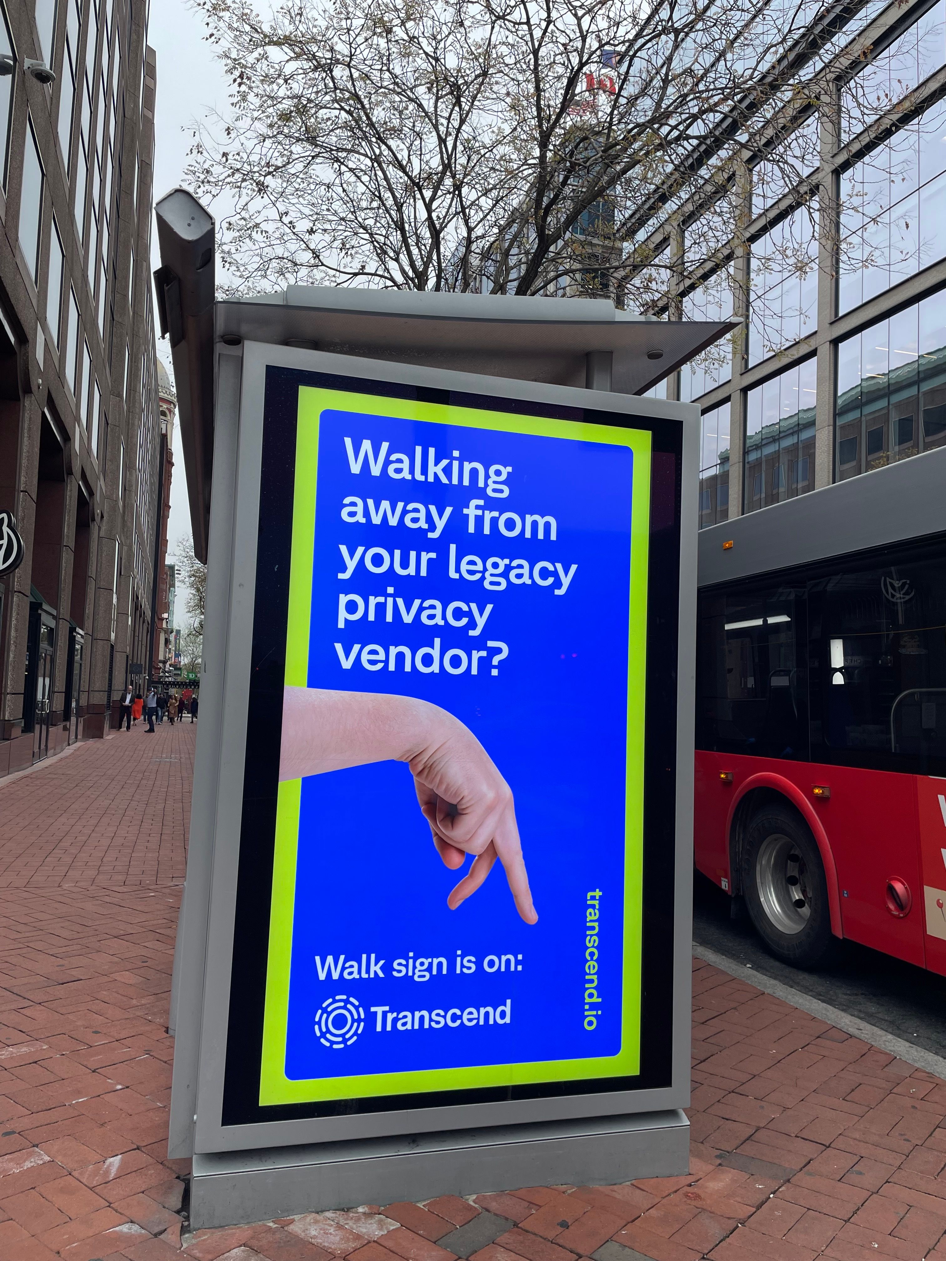 Bus stop advertisement display reading walking away from your legacy privacy vendor?