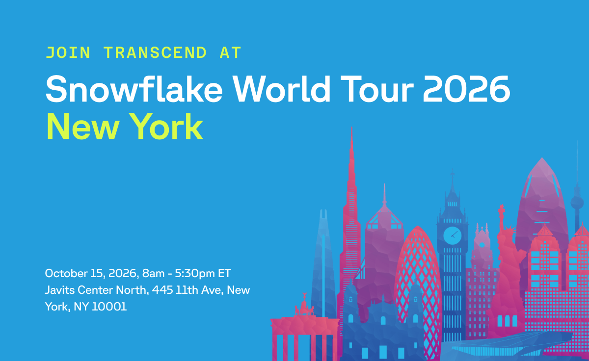 Transcend promotes the Snowflake World Tour 2026 in New York on October 15, 2026, at Javits Center, with a colorful cityscape silhouette on a blue background.