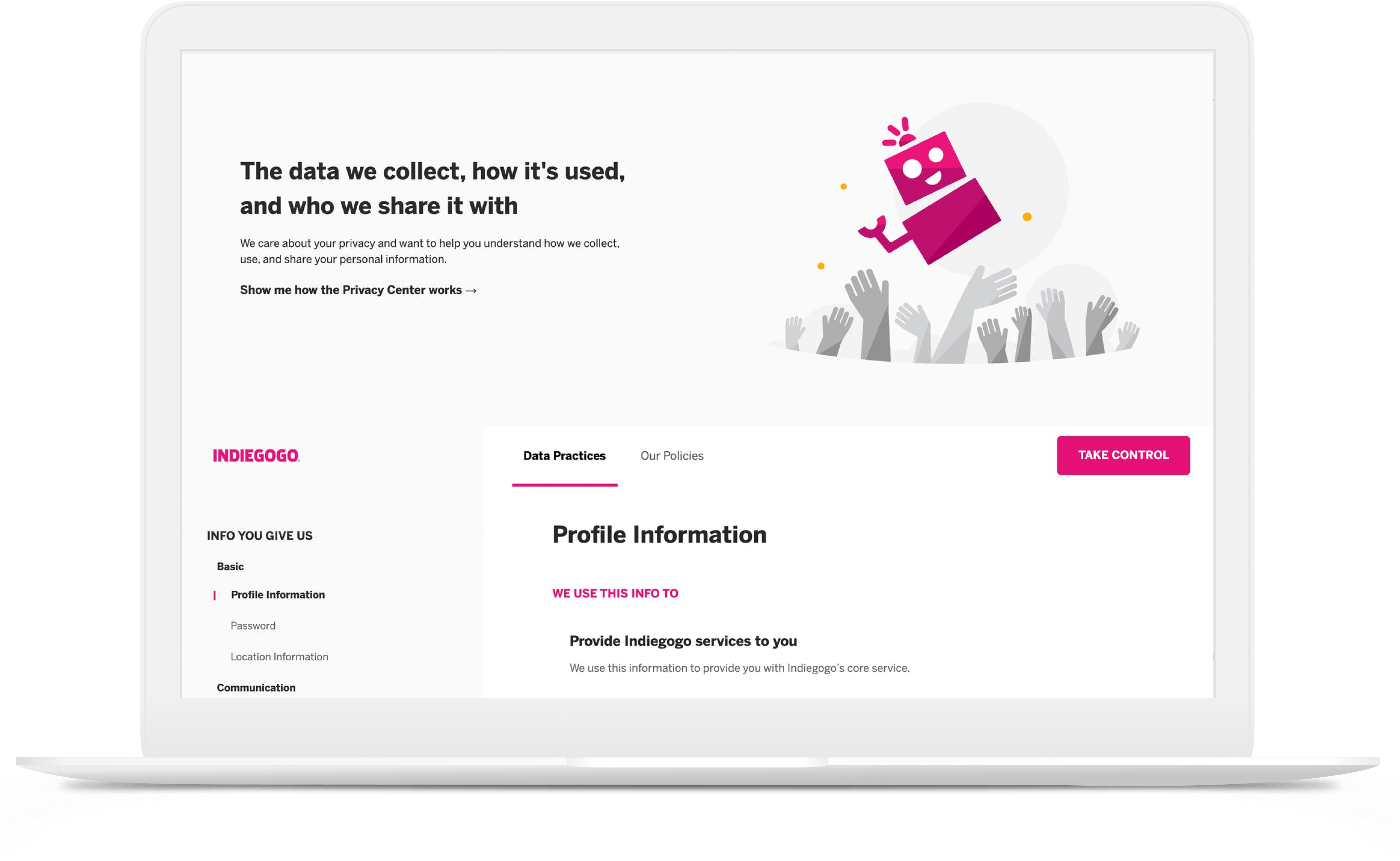 An indiegogo website page showing the privacy data practices they use