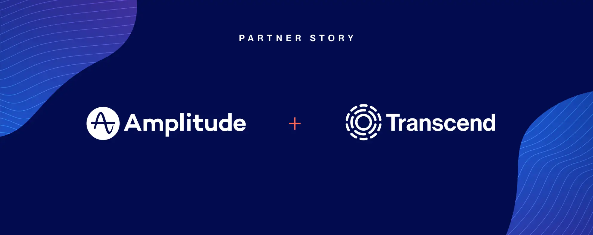 Amplitude logo and Transcend logo side by side with text reading partner story on blue background with wavy line elements
