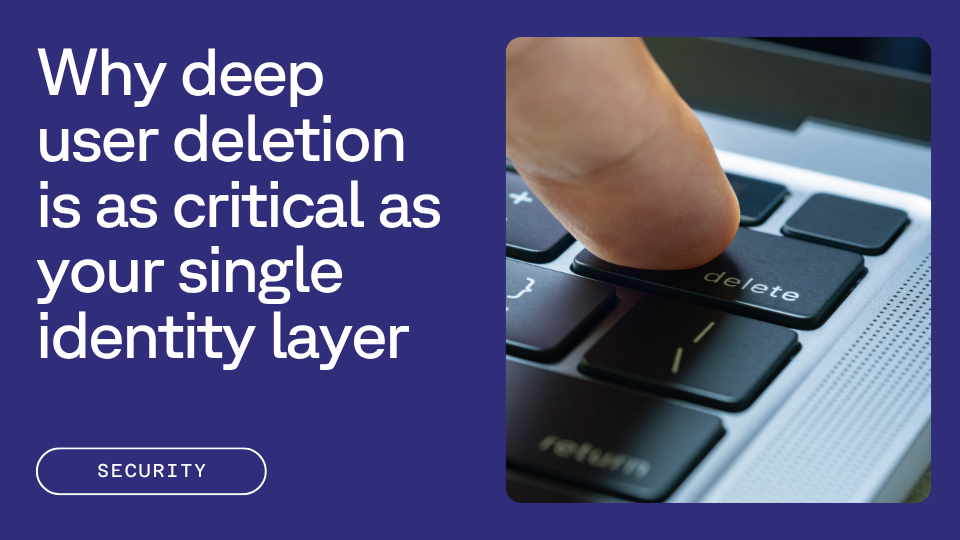 A finger pressing the delete key on a keyboard, with text beside it saying, "Why deep user deletion is as critical as your single identity layer."