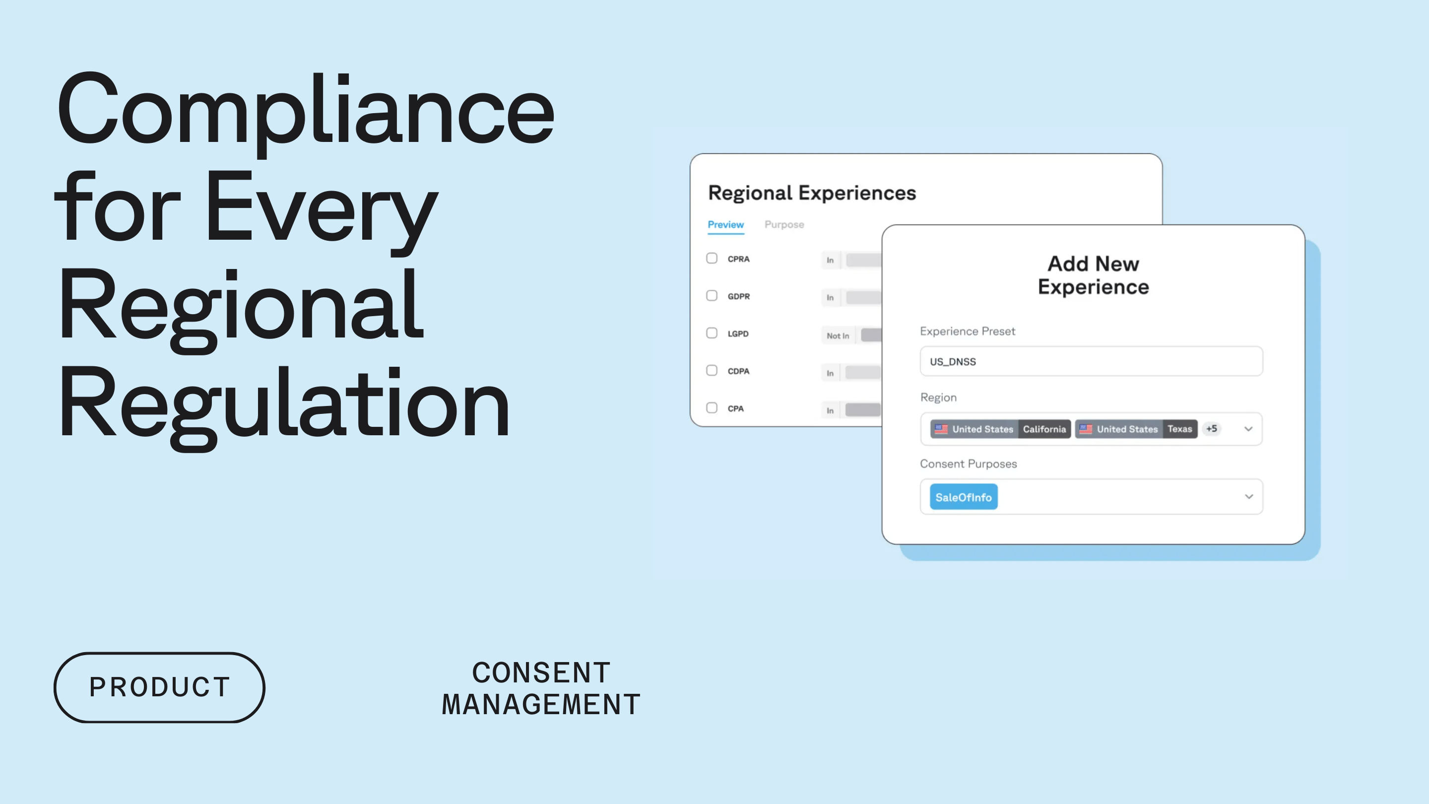 An example of Transcend software showing Regional Experiences in front of a light blue background with text reading Compliance for Every Regional Regulation, Consent Management, and a button reading Product