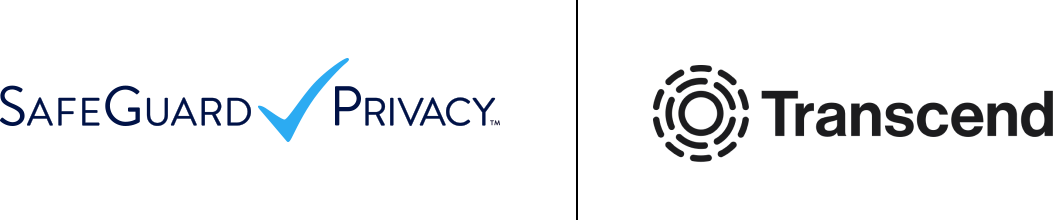 Logos of two companies: SafeGuard Privacy, featuring a blue checkmark, and Transcend with a circular design.