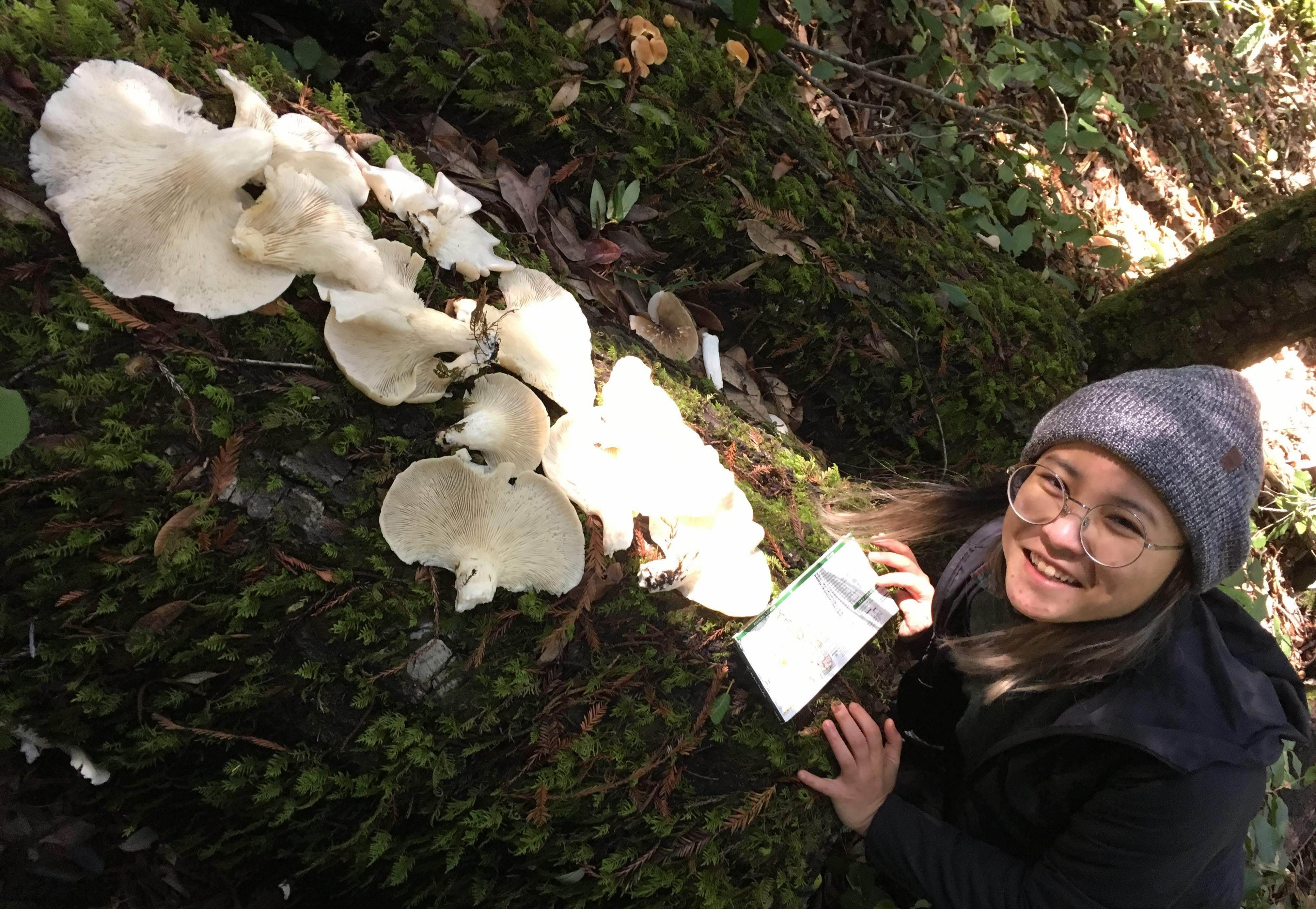 Minh Nguyen posing with a pile of large white mushrooms in the woods
