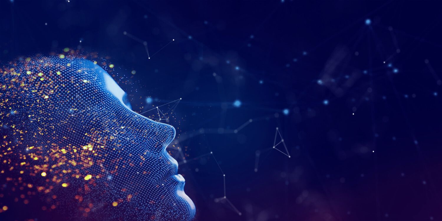 Futuristic graphic of human face made up of small dots and connected lines